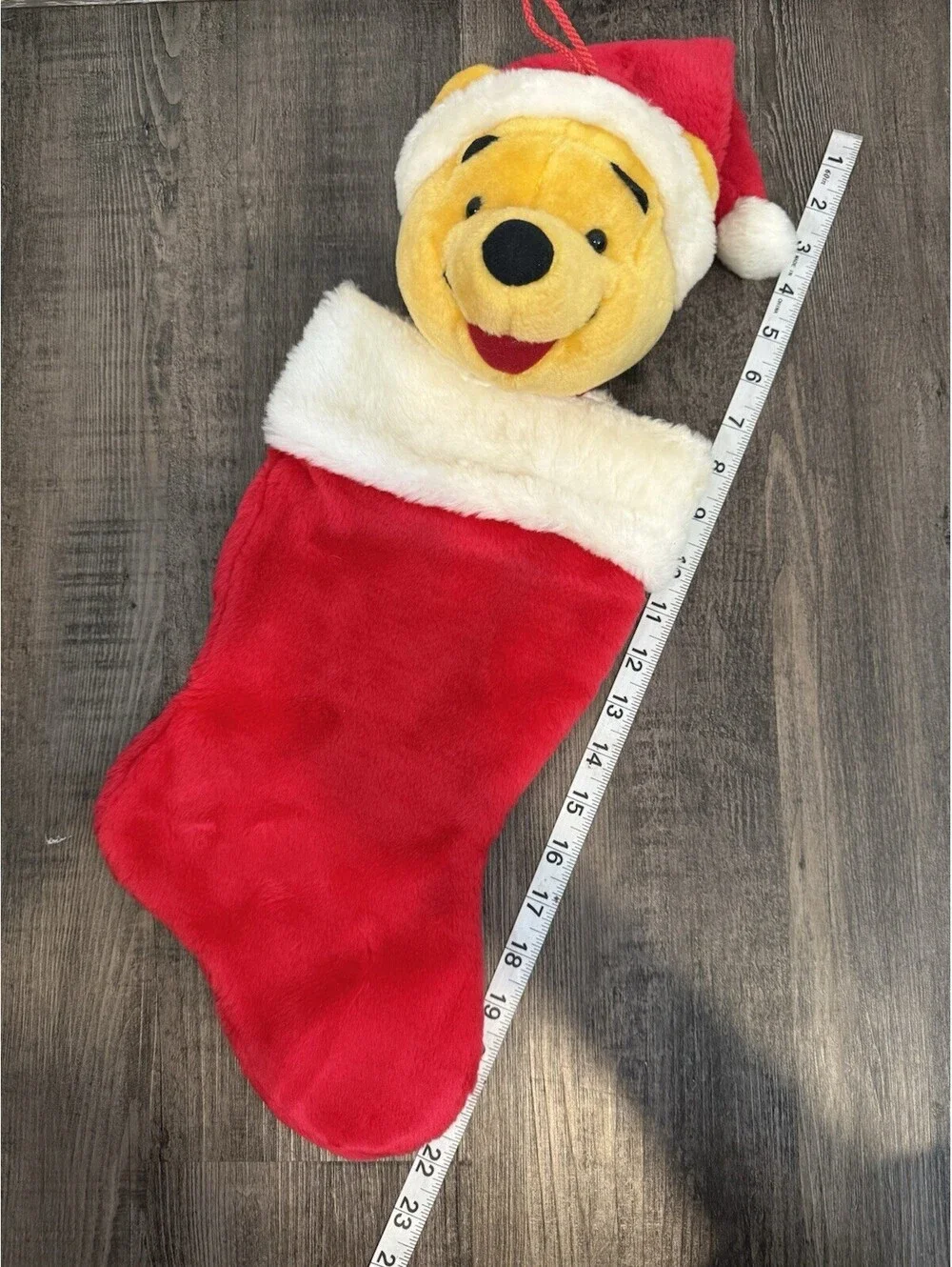 Winnie the Pooh Red Christmas Stocking Plush Head Santa Hat Holiday Disney 3D